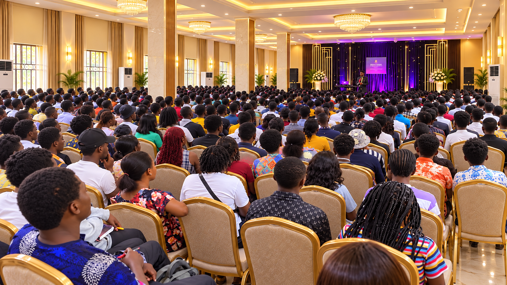 Congregation facing a preacher in a bright auditorium